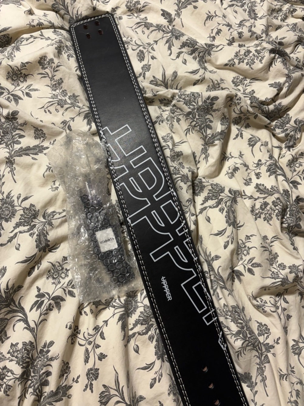 UPPPER Black Leather Guitar Strap with White Stitching